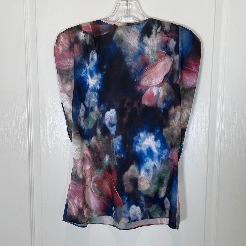 White House Black Market Sleeveless Blouse Floral V-Neck Blue Pink Watercolor S - Picture 4 of 5